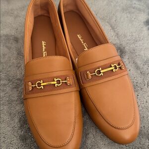 Salvatore Ferragamo Tan Leather Loafers with gold tone horsebit buckle